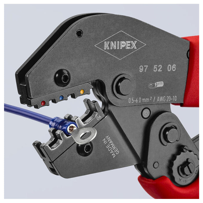 Kìm bấm cose nối thẳng, cose tròn bọc nhựa cách điện KNIPEX 97 52 06 chiều dài 250mm, khả năng bấm cose từ 0.5mm² - 6mm²