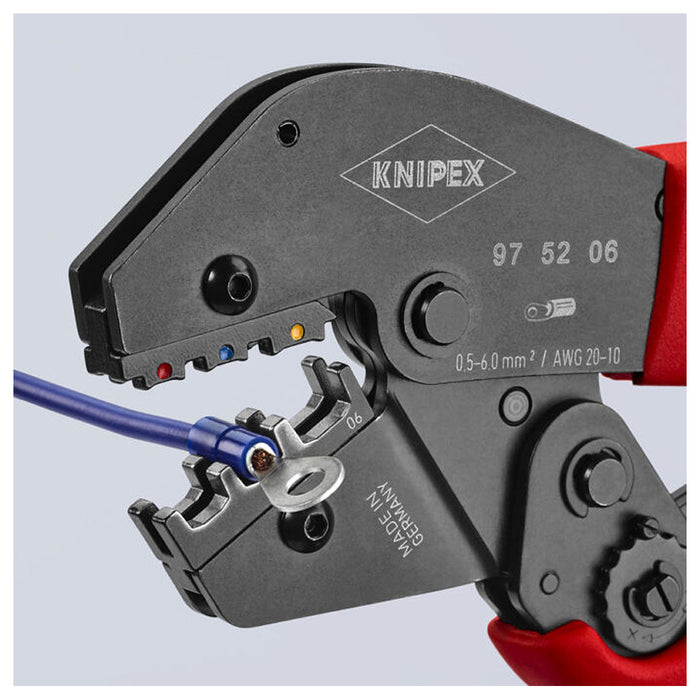 Kìm bấm cose nối thẳng, cose tròn bọc nhựa cách điện KNIPEX 97 52 06 chiều dài 250mm, khả năng bấm cose từ 0.5mm² - 6mm²