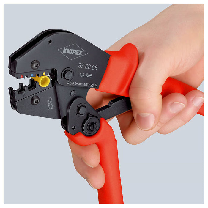 Kìm bấm cose nối thẳng, cose tròn bọc nhựa cách điện KNIPEX 97 52 06 chiều dài 250mm, khả năng bấm cose từ 0.5mm² - 6mm²