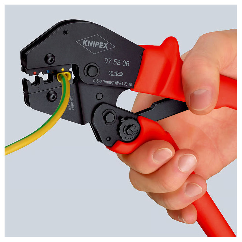 Kìm bấm cose nối thẳng, cose tròn bọc nhựa cách điện KNIPEX 97 52 06 chiều dài 250mm, khả năng bấm cose từ 0.5mm² - 6mm²
