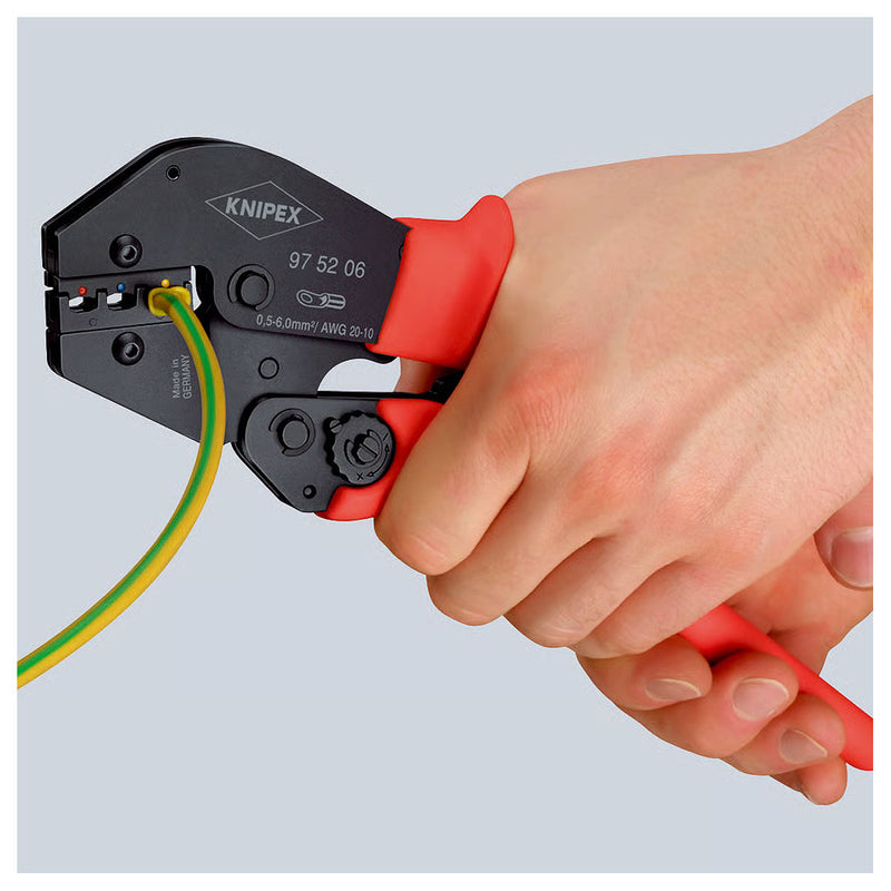 Kìm bấm cose nối thẳng, cose tròn bọc nhựa cách điện KNIPEX 97 52 06 chiều dài 250mm, khả năng bấm cose từ 0.5mm² - 6mm²