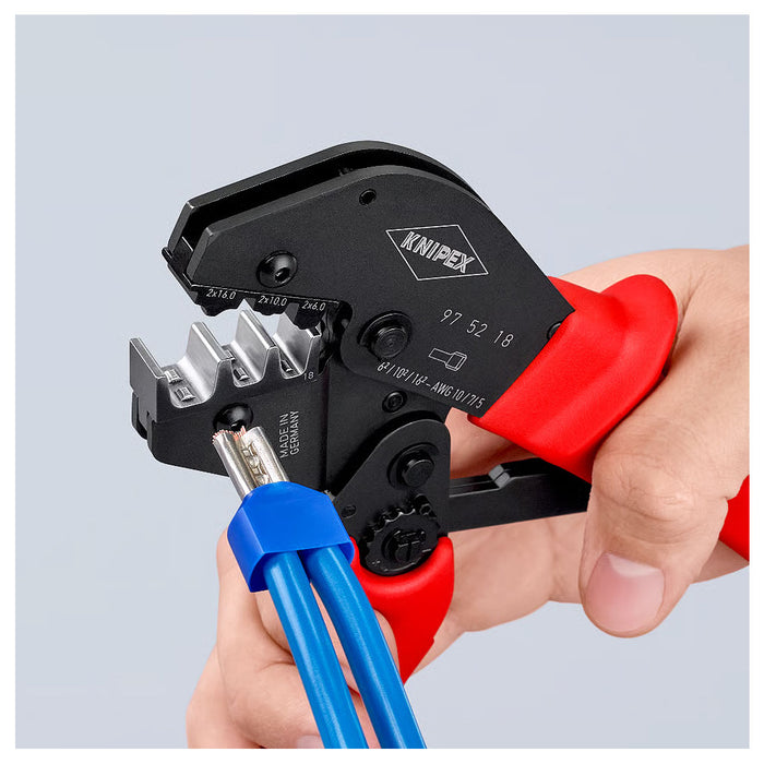 Kìm bấm cose pin rỗng loại đôi, bọc nhựa cách điện KNIPEX 97 52 18 chiều dài 250mm, khả năng bấm cose 6mm², 10mm², 16mm²