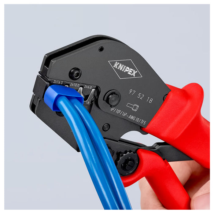 Kìm bấm cose pin rỗng loại đôi, bọc nhựa cách điện KNIPEX 97 52 18 chiều dài 250mm, khả năng bấm cose 6mm², 10mm², 16mm²