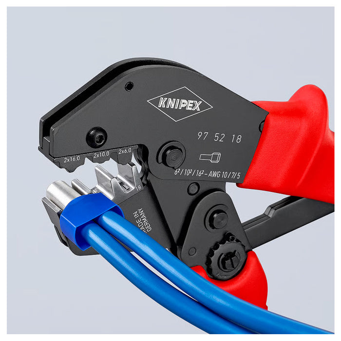 Kìm bấm cose pin rỗng loại đôi, bọc nhựa cách điện KNIPEX 97 52 18 chiều dài 250mm, khả năng bấm cose 6mm², 10mm², 16mm²