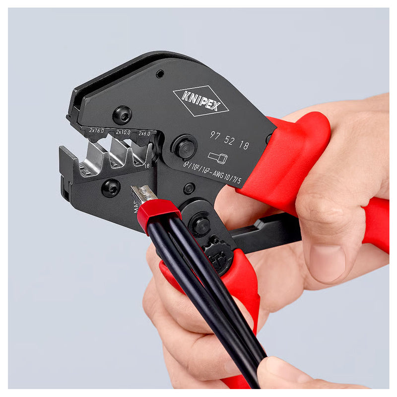 Kìm bấm cose pin rỗng loại đôi, bọc nhựa cách điện KNIPEX 97 52 18 chiều dài 250mm, khả năng bấm cose 6mm², 10mm², 16mm²