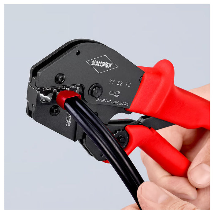 Kìm bấm cose pin rỗng loại đôi, bọc nhựa cách điện KNIPEX 97 52 18 chiều dài 250mm, khả năng bấm cose 6mm², 10mm², 16mm²