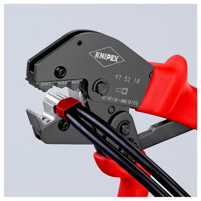 Kìm bấm cose pin rỗng loại đôi, bọc nhựa cách điện KNIPEX 97 52 18 chiều dài 250mm, khả năng bấm cose 6mm², 10mm², 16mm²
