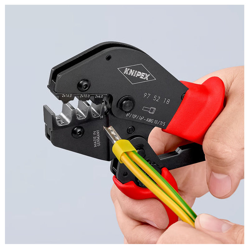 Kìm bấm cose pin rỗng loại đôi, bọc nhựa cách điện KNIPEX 97 52 18 chiều dài 250mm, khả năng bấm cose 6mm², 10mm², 16mm²