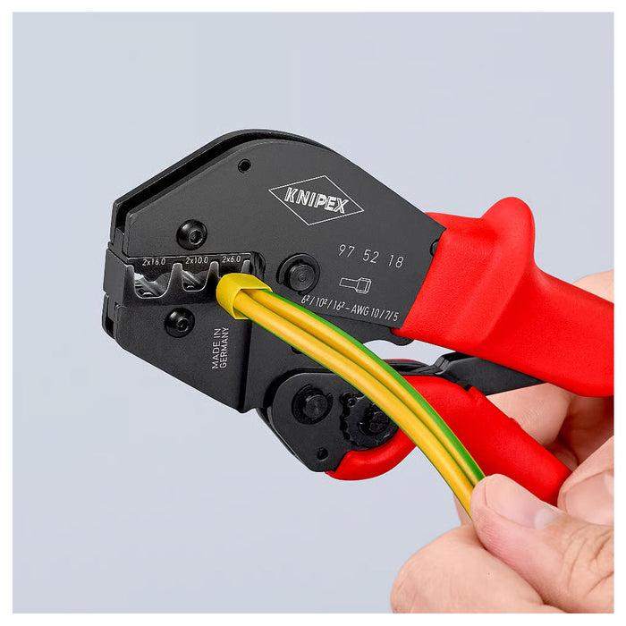 Kìm bấm cose pin rỗng loại đôi, bọc nhựa cách điện KNIPEX 97 52 18 chiều dài 250mm, khả năng bấm cose 6mm², 10mm², 16mm²