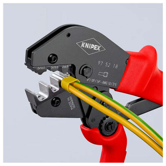 Kìm bấm cose pin rỗng loại đôi, bọc nhựa cách điện KNIPEX 97 52 18 chiều dài 250mm, khả năng bấm cose 6mm², 10mm², 16mm²