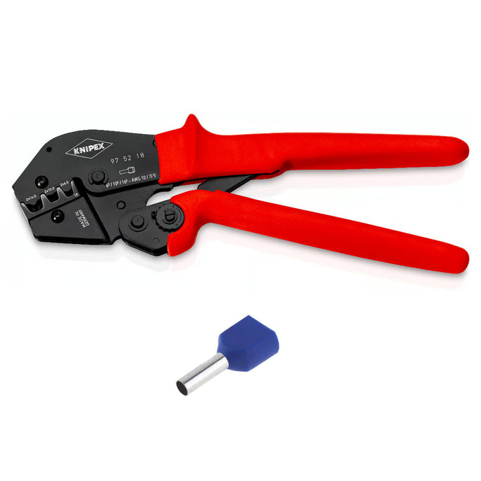 Kìm bấm cose pin rỗng loại đôi, bọc nhựa cách điện KNIPEX 97 52 18 chiều dài 250mm, khả năng bấm cose 6mm², 10mm², 16mm²