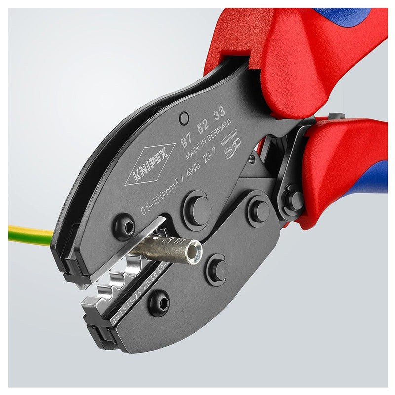 Kìm bấm cose trần nối thẳng và cose tròn dòng PreciForce KNIPEX 97 52 33 chiều dài 220mm, khả năng bấm cose từ 0.5mm² - 10mm²