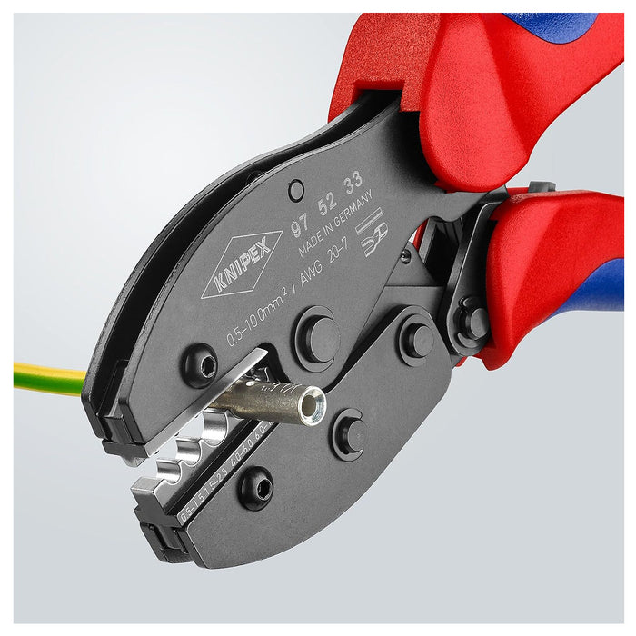 Kìm bấm cose trần nối thẳng và cose tròn dòng PreciForce KNIPEX 97 52 33 chiều dài 220mm, khả năng bấm cose từ 0.5mm² - 10mm²