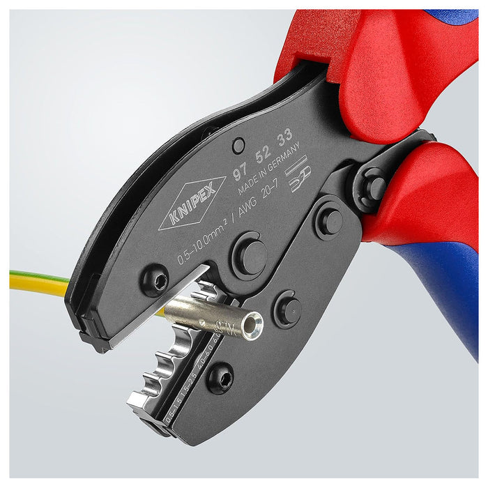 Kìm bấm cose trần nối thẳng và cose tròn dòng PreciForce KNIPEX 97 52 33 chiều dài 220mm, khả năng bấm cose từ 0.5mm² - 10mm²