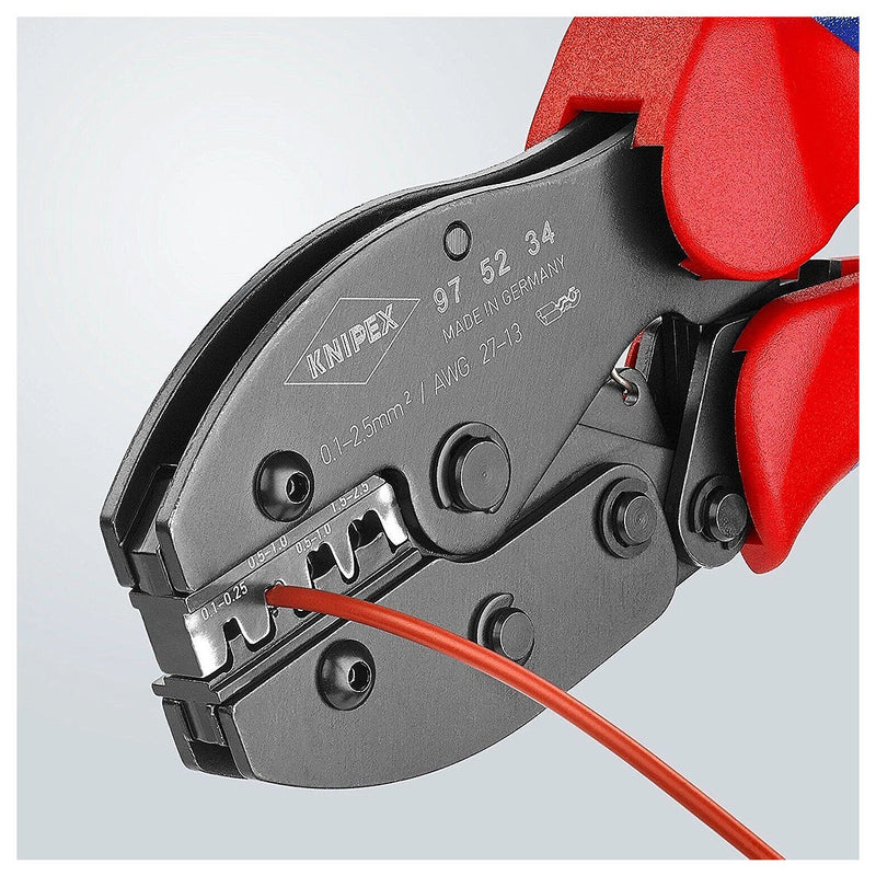 Kìm bấm cose ghim trần dòng PreciForce KNIPEX 97 52 34 chiều dài 220mm, khả năng bấm cose từ 0.1mm² - 2.5mm², độ rộng cose 2.8mm và 4.8mm