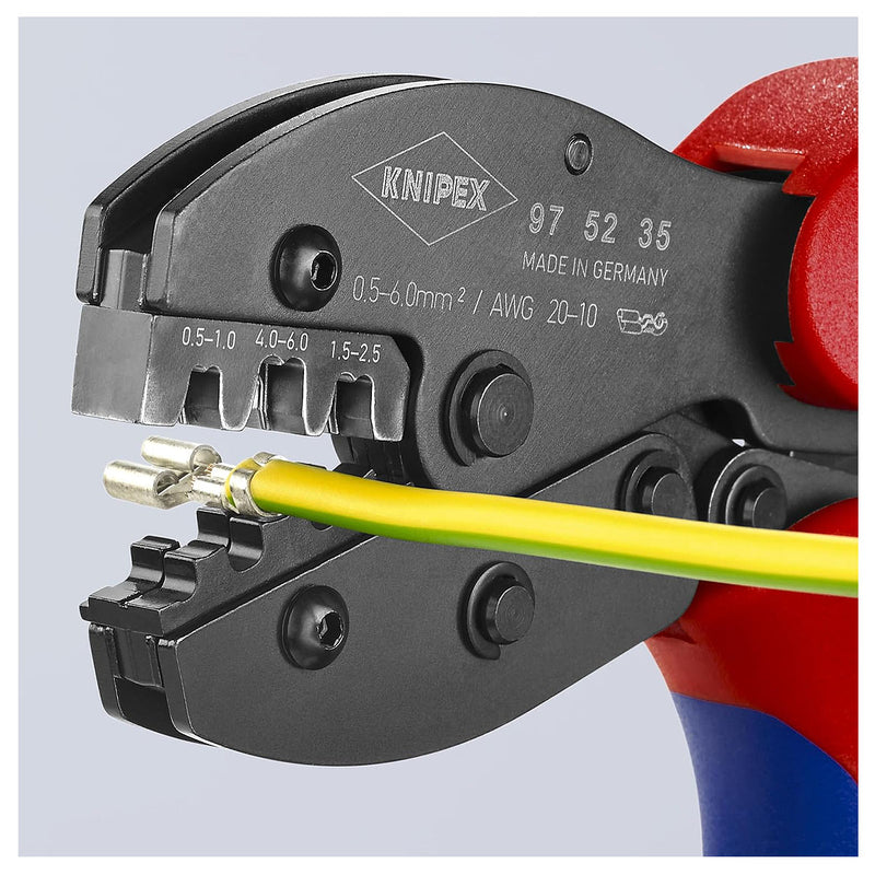 Kìm bấm cose ghim trần dòng PreciForce KNIPEX 97 52 35 chiều dài 220mm, khả năng bấm cose từ 0.5mm² - 6mm², độ rộng cose 4.8mm và 6.3mm