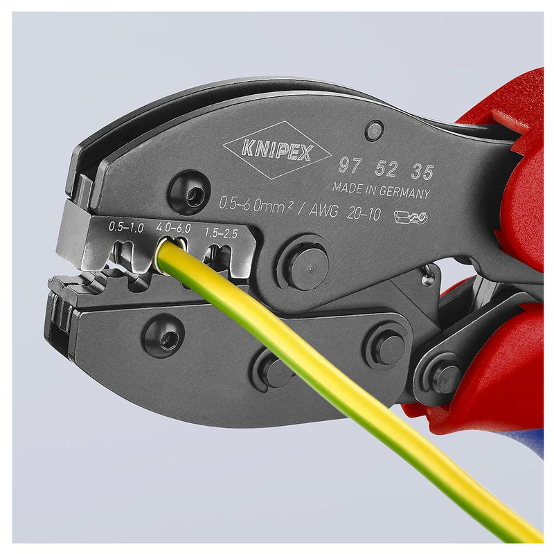 Kìm bấm cose ghim trần dòng PreciForce KNIPEX 97 52 35 chiều dài 220mm, khả năng bấm cose từ 0.5mm² - 6mm², độ rộng cose 4.8mm và 6.3mm