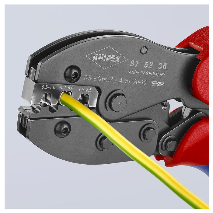 Kìm bấm cose ghim trần dòng PreciForce KNIPEX 97 52 35 chiều dài 220mm, khả năng bấm cose từ 0.5mm² - 6mm², độ rộng cose 4.8mm và 6.3mm