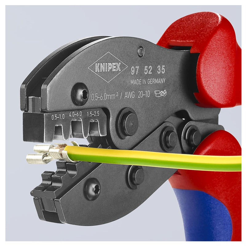Kìm bấm cose ghim trần dòng PreciForce KNIPEX 97 52 35 chiều dài 220mm, khả năng bấm cose từ 0.5mm² - 6mm², độ rộng cose 4.8mm và 6.3mm