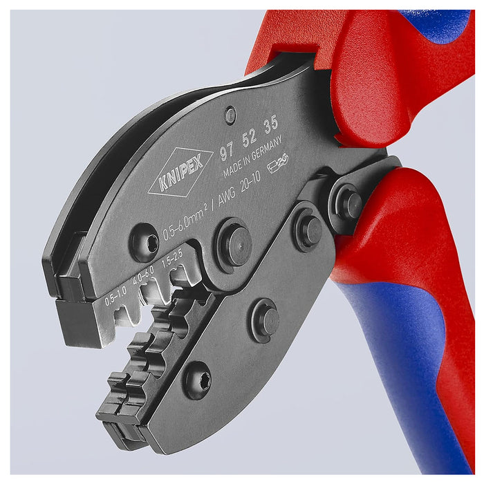 Kìm bấm cose ghim trần dòng PreciForce KNIPEX 97 52 35 chiều dài 220mm, khả năng bấm cose từ 0.5mm² - 6mm², độ rộng cose 4.8mm và 6.3mm