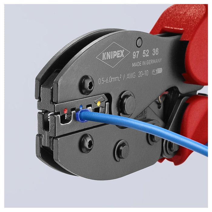 Kìm bấm cose nối thẳng, cose tròn bọc nhựa cách điện dòng PreciForce KNIPEX 97 52 36 chiều dài 220mm, khả năng bấm cose từ 0,5mm²–6,0mm²
