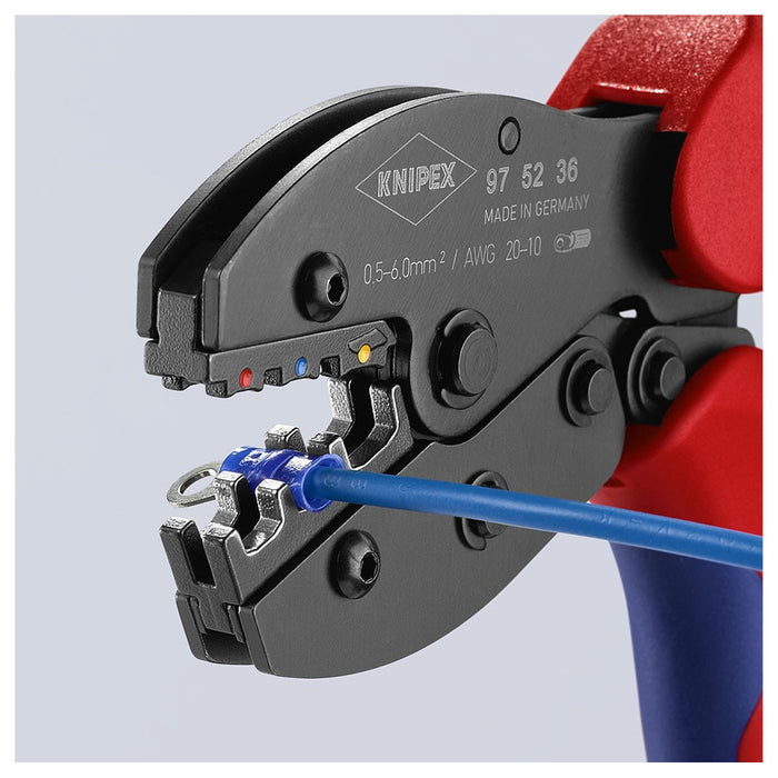 Kìm bấm cose nối thẳng, cose tròn bọc nhựa cách điện dòng PreciForce KNIPEX 97 52 36 chiều dài 220mm, khả năng bấm cose từ 0,5mm²–6,0mm²