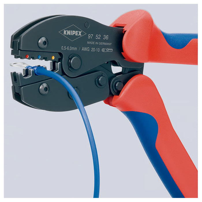 Kìm bấm cose nối thẳng, cose tròn bọc nhựa cách điện dòng PreciForce KNIPEX 97 52 36 chiều dài 220mm, khả năng bấm cose từ 0,5mm²–6,0mm²