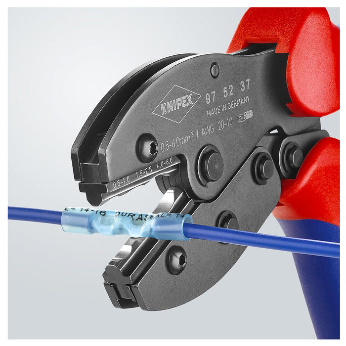 Kìm bấm cose tròn bọc nhựa co nhiệt cách điện dòng PreciForce KNIPEX 97 52 37 chiều dài 220mm, khả năng bấm cose từ 0,5mm²–6,0mm²