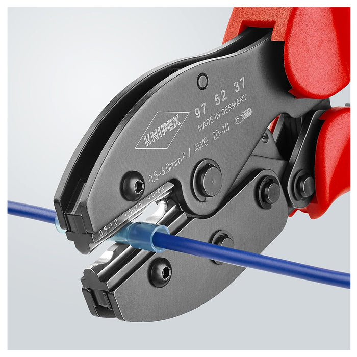 Kìm bấm cose tròn bọc nhựa co nhiệt cách điện dòng PreciForce KNIPEX 97 52 37 chiều dài 220mm, khả năng bấm cose từ 0,5mm²–6,0mm²