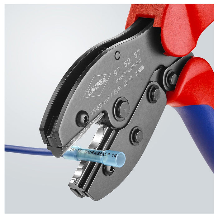 Kìm bấm cose tròn bọc nhựa co nhiệt cách điện dòng PreciForce KNIPEX 97 52 37 chiều dài 220mm, khả năng bấm cose từ 0,5mm²–6,0mm²