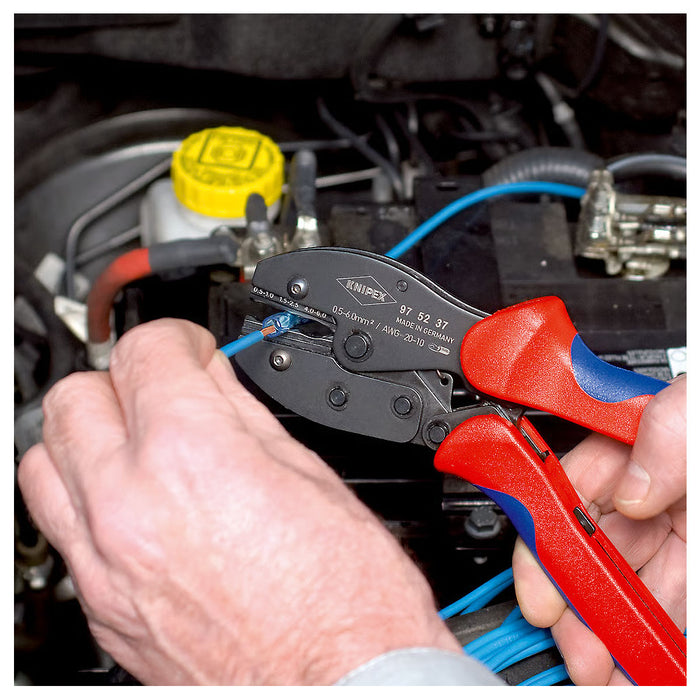 Kìm bấm cose tròn bọc nhựa co nhiệt cách điện dòng PreciForce KNIPEX 97 52 37 chiều dài 220mm, khả năng bấm cose từ 0,5mm²–6,0mm²