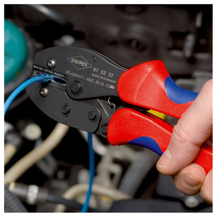 Kìm bấm cose tròn bọc nhựa co nhiệt cách điện dòng PreciForce KNIPEX 97 52 37 chiều dài 220mm, khả năng bấm cose từ 0,5mm²–6,0mm²