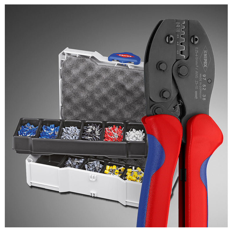 Kìm bấm cose pin rỗng dòng PreciForce KNIPEX 97 52 38 chiều dài 220mm, khả năng bấm cose từ 0.25mm²–6,0mm²