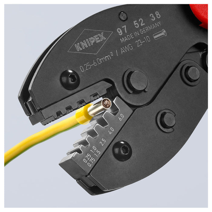Kìm bấm cose pin rỗng dòng PreciForce KNIPEX 97 52 38 chiều dài 220mm, khả năng bấm cose từ 0.25mm²–6,0mm²