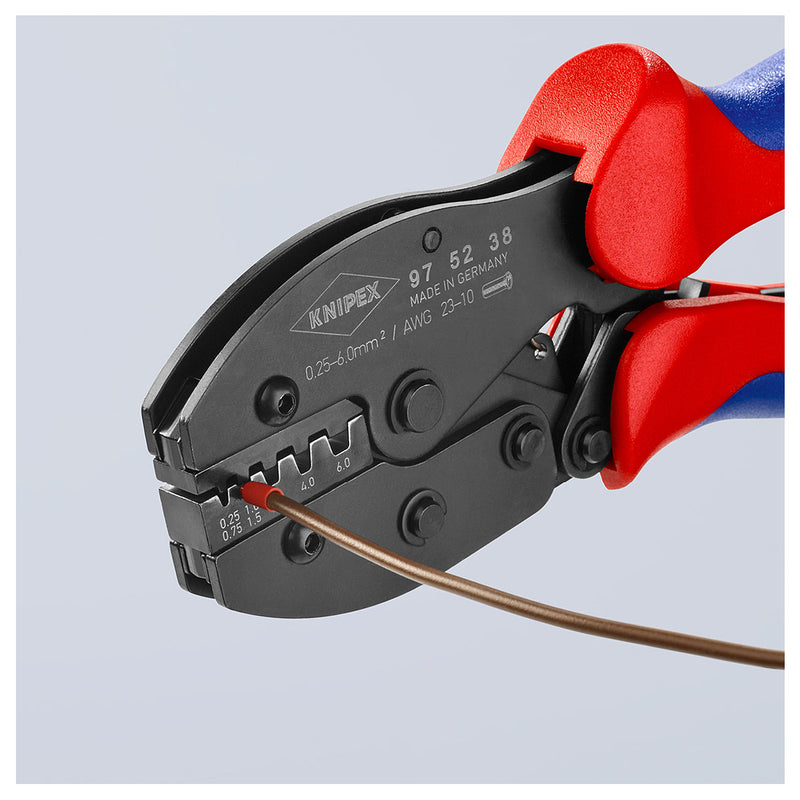 Kìm bấm cose pin rỗng dòng PreciForce KNIPEX 97 52 38 chiều dài 220mm, khả năng bấm cose từ 0.25mm²–6,0mm²