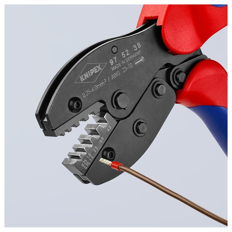 Kìm bấm cose pin rỗng dòng PreciForce KNIPEX 97 52 38 chiều dài 220mm, khả năng bấm cose từ 0.25mm²–6,0mm²