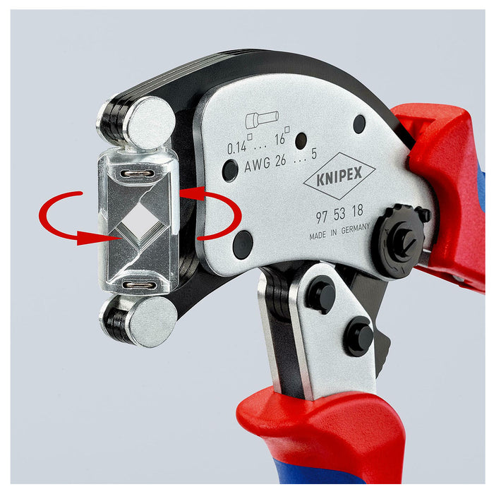 Kìm bấm cose pin rỗng, hàm bấm xoay 360° dòng Twistor16 KNIPEX 97 53 18 chiều dài 200mm, khả năng bấm cose từ 0.14mm² - 16mm²