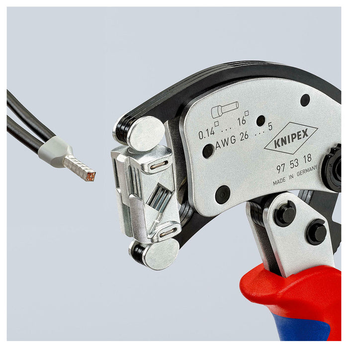 Kìm bấm cose pin rỗng, hàm bấm xoay 360° dòng Twistor16 KNIPEX 97 53 18 chiều dài 200mm, khả năng bấm cose từ 0.14mm² - 16mm²