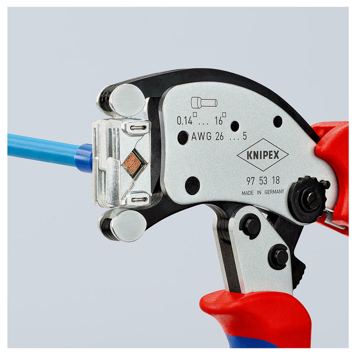 Kìm bấm cose pin rỗng, hàm bấm xoay 360° dòng Twistor16 KNIPEX 97 53 18 chiều dài 200mm, khả năng bấm cose từ 0.14mm² - 16mm²