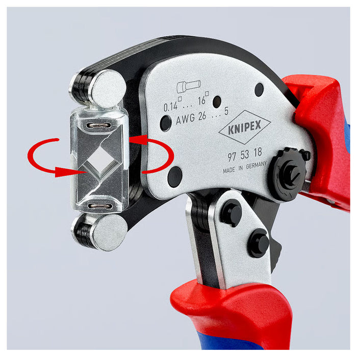 Kìm bấm cose pin rỗng, hàm bấm xoay 360° dòng Twistor16 KNIPEX 97 53 18 chiều dài 200mm, khả năng bấm cose từ 0.14mm² - 16mm²