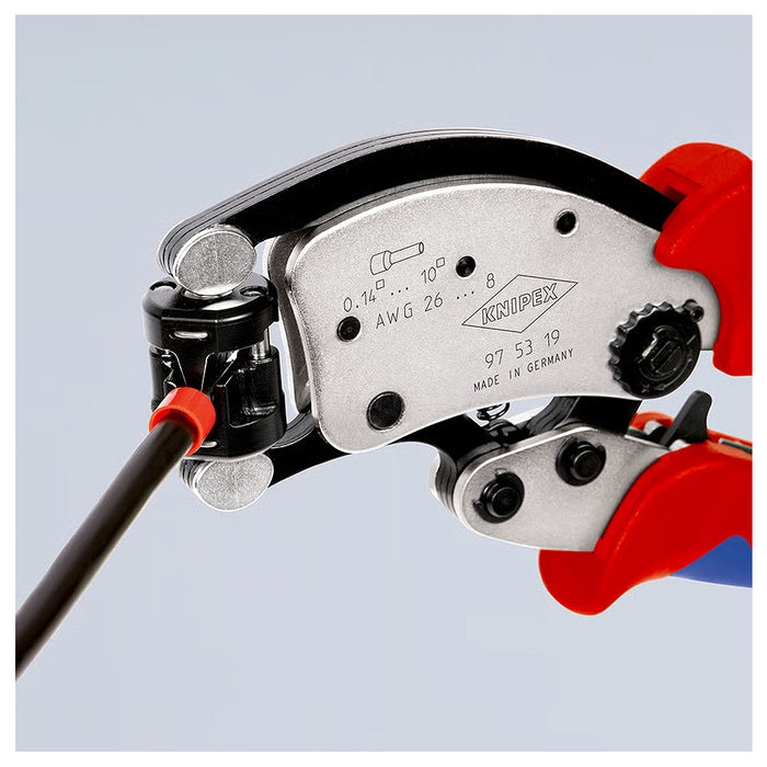 Kìm bấm cose pin rỗng, hàm bấm xoay 360° dòng Twistor T KNIPEX 97 53 19 chiều dài 200mm, khả năng bấm cose từ 0.14mm² - 10mm²