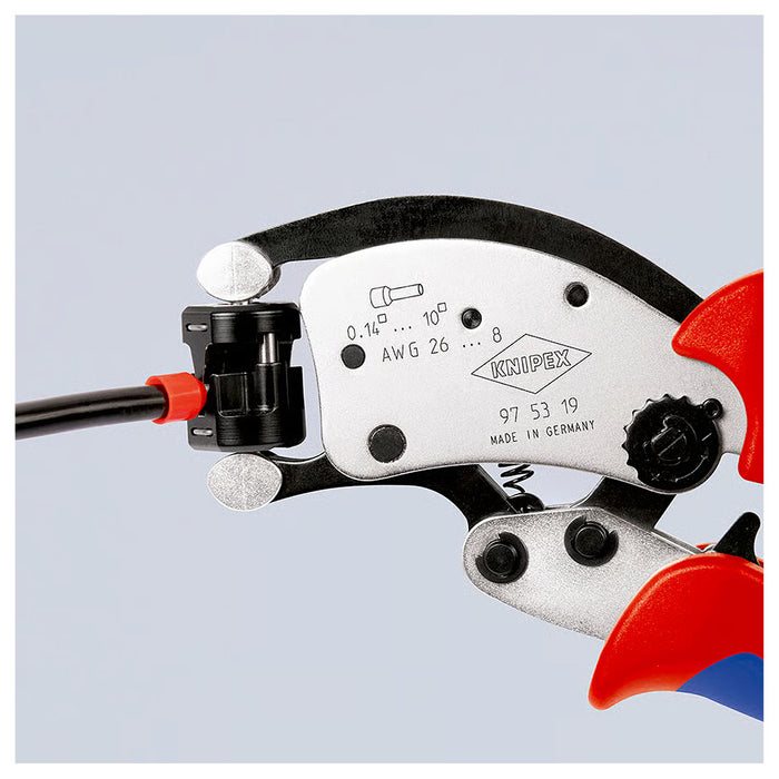 Kìm bấm cose pin rỗng, hàm bấm xoay 360° dòng Twistor T KNIPEX 97 53 19 chiều dài 200mm, khả năng bấm cose từ 0.14mm² - 10mm²