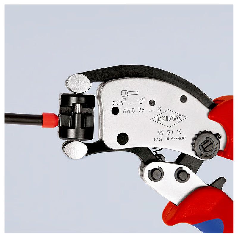 Kìm bấm cose pin rỗng, hàm bấm xoay 360° dòng Twistor T KNIPEX 97 53 19 chiều dài 200mm, khả năng bấm cose từ 0.14mm² - 10mm²