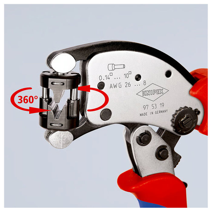 Kìm bấm cose pin rỗng, hàm bấm xoay 360° dòng Twistor T KNIPEX 97 53 19 chiều dài 200mm, khả năng bấm cose từ 0.14mm² - 10mm²