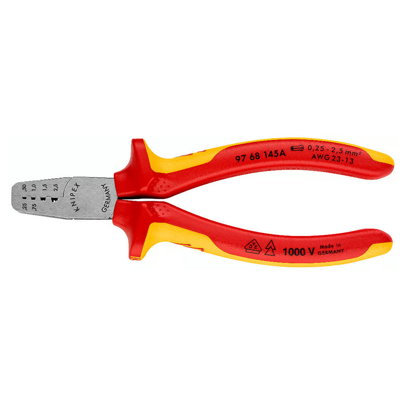 Kìm bấm cose pin rỗng KNIPEX 97 68 145 A cách điện 1000V, chiều dài 145mm, khả năng bấm cose từ 0.25mm² - 2.5mm²