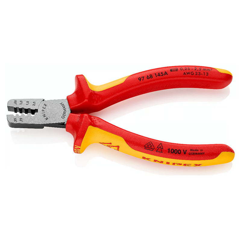 Kìm bấm cose pin rỗng KNIPEX 97 68 145 A cách điện 1000V, chiều dài 145mm, khả năng bấm cose từ 0.25mm² - 2.5mm²