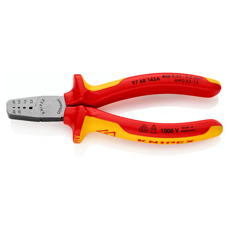 Kìm bấm cose pin rỗng KNIPEX 97 68 145 A cách điện 1000V, chiều dài 145mm, khả năng bấm cose từ 0.25mm² - 2.5mm²