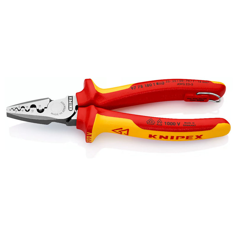 Kìm bấm cose pin rỗng KNIPEX cách điện 1000V, chiều dài 180mm, khả năng bấm cose từ 0.25mm² - 16mm²