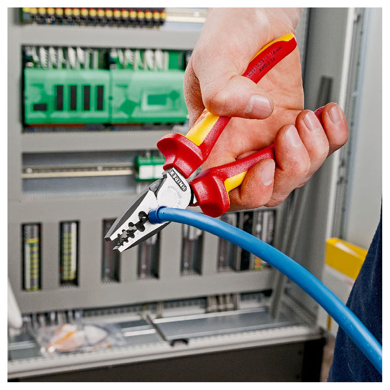 Kìm bấm cose pin rỗng KNIPEX cách điện 1000V, chiều dài 180mm, khả năng bấm cose từ 0.25mm² - 16mm²