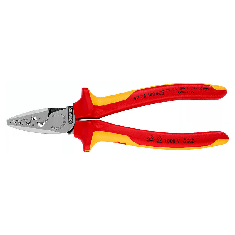 Kìm bấm cose pin rỗng KNIPEX cách điện 1000V, chiều dài 180mm, khả năng bấm cose từ 0.25mm² - 16mm²